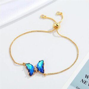 Blue Iridescent Butterfly Bracelet – 18K Gold Plated Stainless Steel, Adjustable
